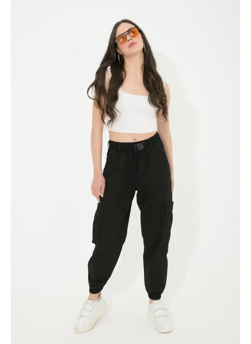 Tena Women's Black Elastic Waist Belt Cargo Pocket Pants