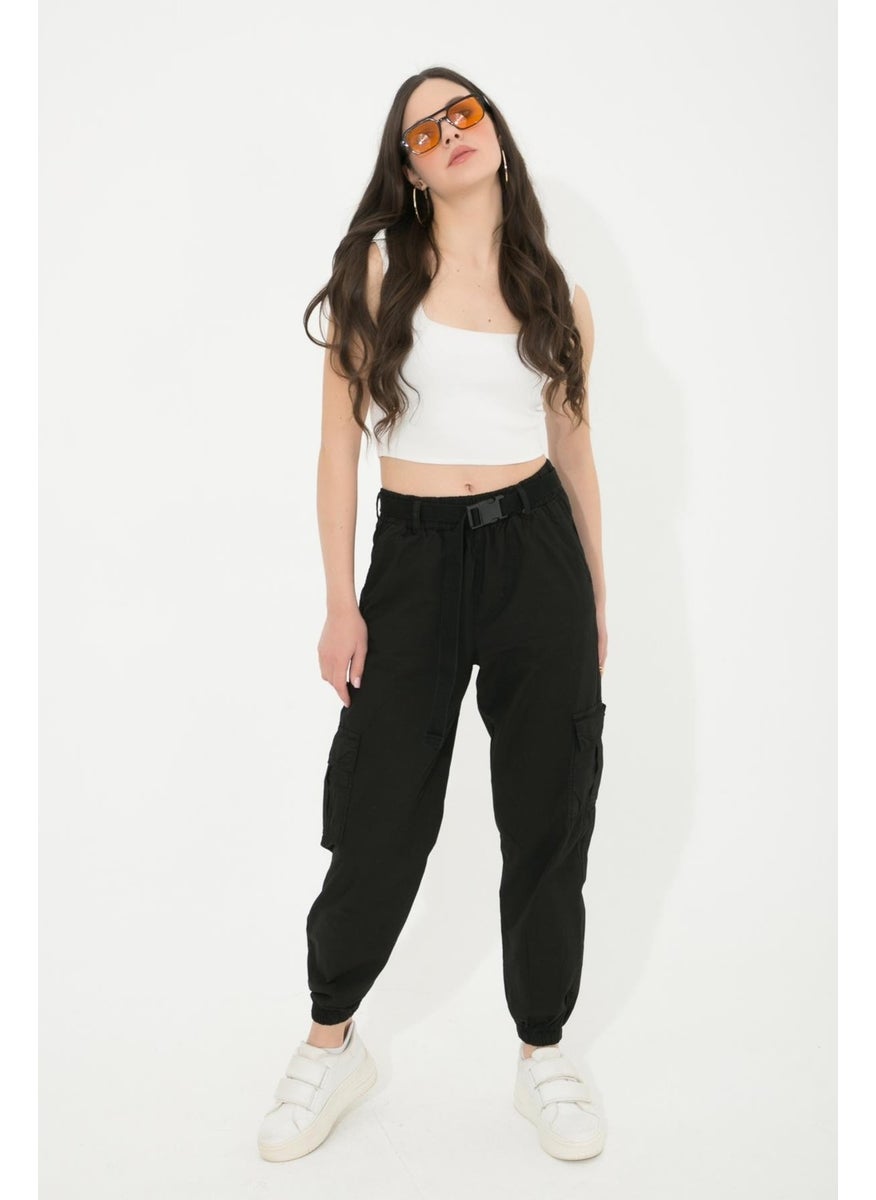 Tena Women's Black Elastic Waist Belt Cargo Pocket Pants  - Image 2