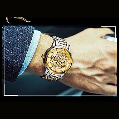 Weicam ساعة ويكام للرجال الفاخرة ذات قرص من الذهب مزخرف بتصميم تنين مع حزام من الفولاذ المقاوم للصدأ ومقاومة للماء (ذهبي) - Image 3