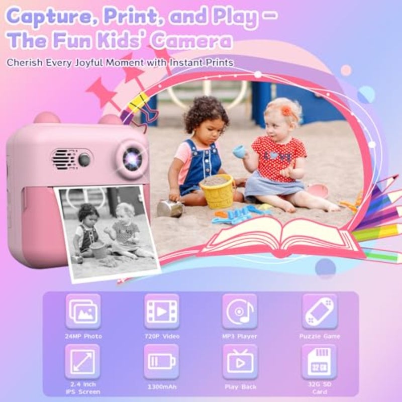 Camera with Instant Print, Instant Camera for 3 Rolls of Print Paper and 5 Colored Pens and DIY, Birthday Gifts for Boys and Girls Age 3-12 Years Old - Image 2