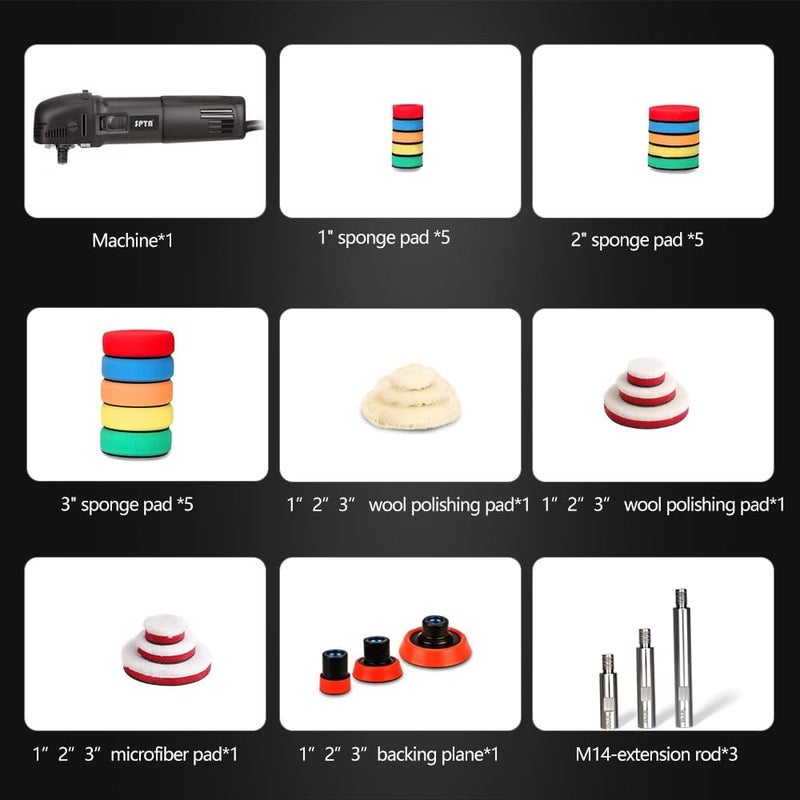 SPTA Mini Polishing Machine Buffer Rotary Polisher Auto Detailing Superpolish with 27Pcs Detail Polishing Pad Mix Size Kit Buffing Pad and 75mm ,100mm,140mm M14 Thread Extension shaft - Image 2
