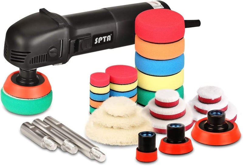 SPTA Mini Polishing Machine Buffer Rotary Polisher Auto Detailing Superpolish with 27Pcs Detail Polishing Pad Mix Size Kit Buffing Pad and 75mm ,100mm,140mm M14 Thread Extension shaft - Image 1