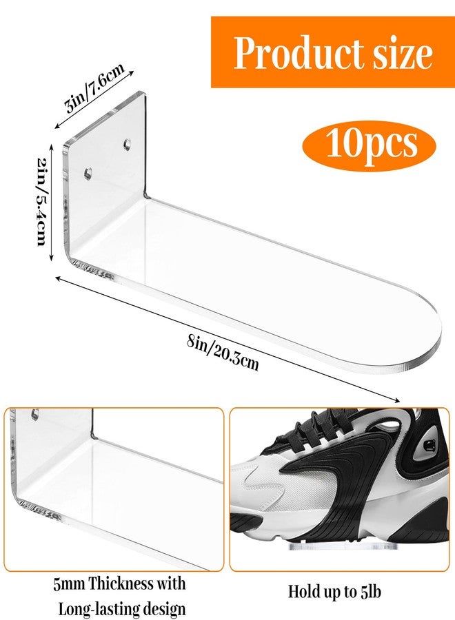 Pafeooui 10 Pack Acrylic Floating Shoe Shelves, Clear Wall Mount Display Rack for Sneakers Collection, Shoe Organizer Holder with Hardware, 8x3x2 Inch - Image 2