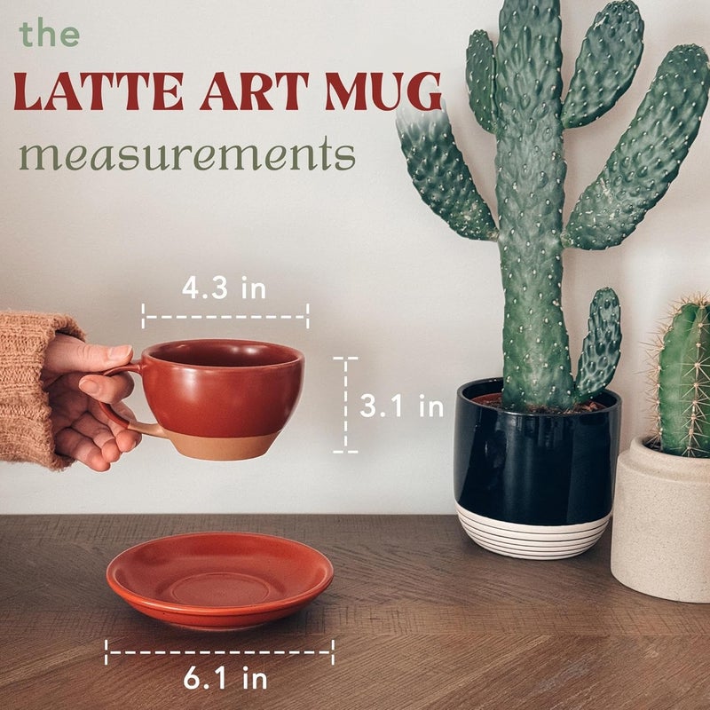 Mora Ceramic Latte Art Mug With Saucer  105 oz Round Bottom For Perfect Pours  Cafe Cups for Cappuccino Espresso Coffee Tea etc  Porcelain Set for Baristas Great Gift  Crimson Red - Image 2
