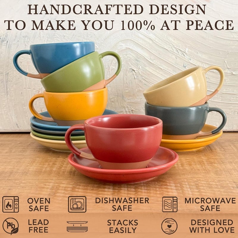 Mora Ceramic Latte Art Mug With Saucer  105 oz Round Bottom For Perfect Pours  Cafe Cups for Cappuccino Espresso Coffee Tea etc  Porcelain Set for Baristas Great Gift  Crimson Red - Image 4