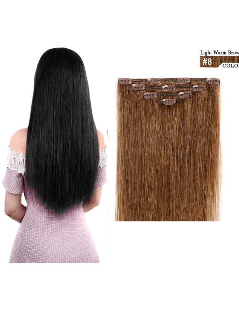 إستيل وصلات شعر بشري ريمي للسيدات مشبك شعر بشري طويل مستقيم حريري على وصلات 100 جرام 4 قطع بني كستنائي - Image 1