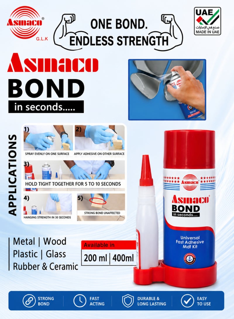 Asmaco Bond MDF Universal Fast Adhesive Kit 200ml Activator Spray + 50g Cyanoacrylate Super Glue | Instant Fast Bond for MDF, Wood, Plastic, Rubber, Metal, Glass & Ceramic | Professional Grade - Image 4