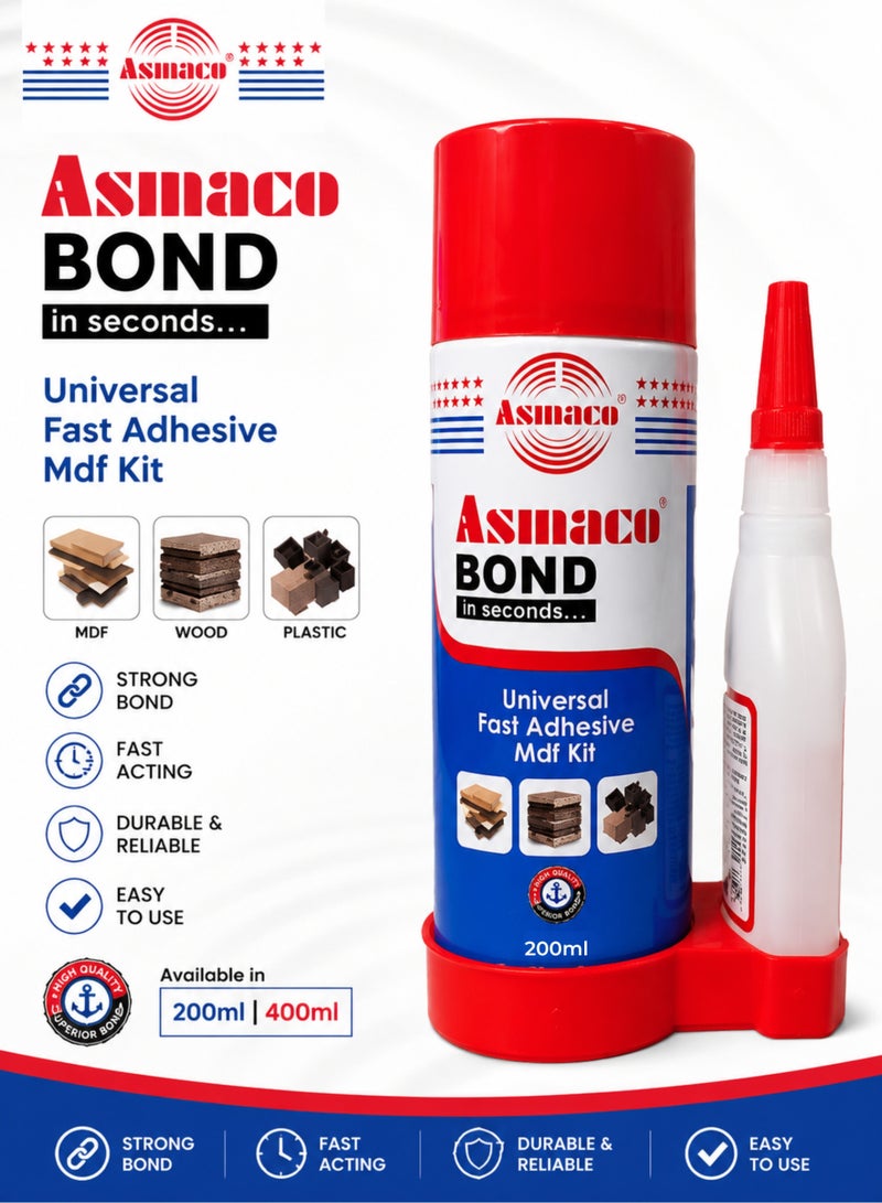 Asmaco Bond MDF Universal Fast Adhesive Kit 200ml Activator Spray + 50g Cyanoacrylate Super Glue | Instant Fast Bond for MDF, Wood, Plastic, Rubber, Metal, Glass & Ceramic | Professional Grade - Image 1