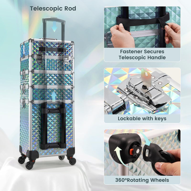 Stagiant Rolling Makeup Case Cosmetology Case on Wheels 4 in 1 Makeup Travel Case Large Cosmetic Organizer Storage with Key Swivel Wheels Nail Artist Salon Traveling Cart Trunk Watery Blue - Image 4