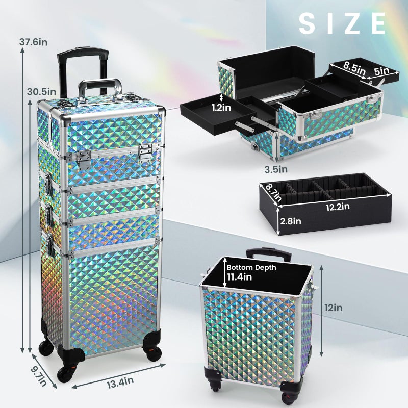 Stagiant Rolling Makeup Case Cosmetology Case on Wheels 4 in 1 Makeup Travel Case Large Cosmetic Organizer Storage with Key Swivel Wheels Nail Artist Salon Traveling Cart Trunk Watery Blue - Image 5