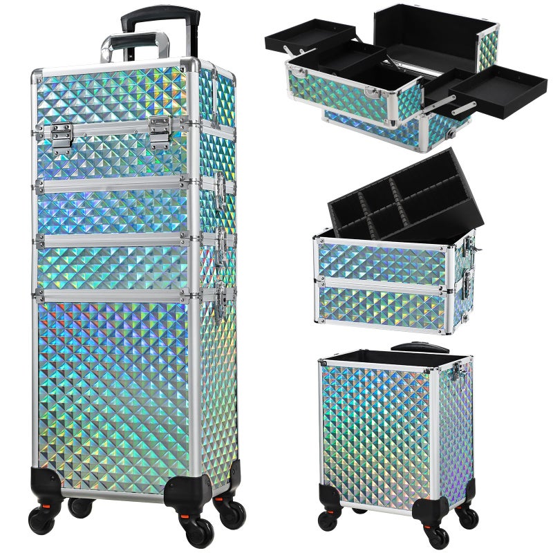 Stagiant Rolling Makeup Case Cosmetology Case on Wheels 4 in 1 Makeup Travel Case Large Cosmetic Organizer Storage with Key Swivel Wheels Nail Artist Salon Traveling Cart Trunk Watery Blue - Image 1