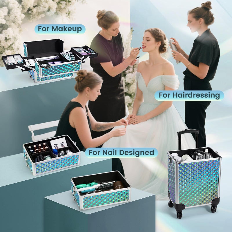 Stagiant Rolling Makeup Case Cosmetology Case on Wheels 4 in 1 Makeup Travel Case Large Cosmetic Organizer Storage with Key Swivel Wheels Nail Artist Salon Traveling Cart Trunk Watery Blue - Image 2