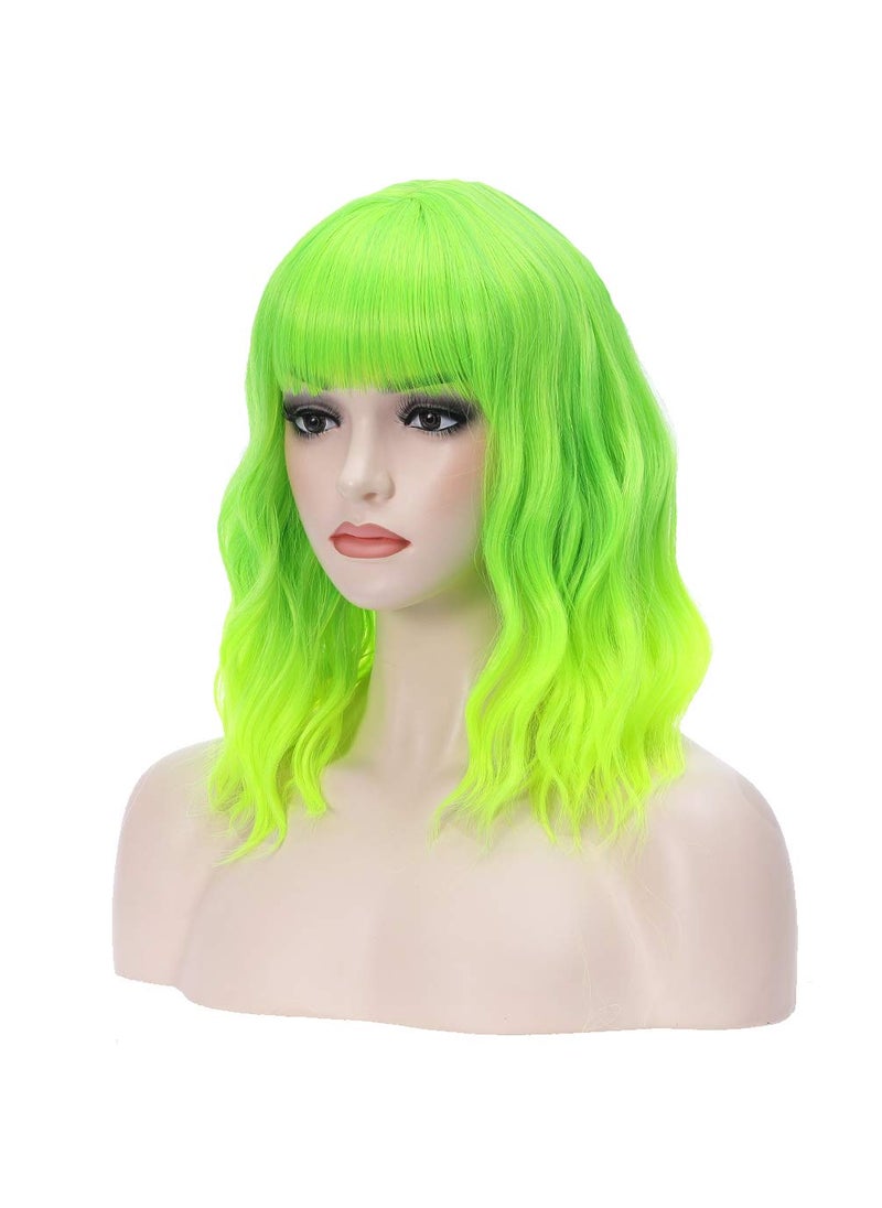 BERON - BERON 14 Inches Lime Green Wig Short Curly Wig with Bangs Neon Green Wig Synthetic Wigs Women Girls Ombre Green Wig with Wig Cap - Image 1
