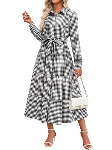Caracilia Women Long Sleeve Maxi Dress 2026 Spring Casual Button Down Striped Plaid Tie Waist Shirt Dresses Vacation Outfits Black Plaid Small - Image 1