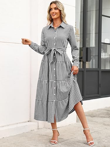 Caracilia Women Long Sleeve Maxi Dress 2026 Spring Casual Button Down Striped Plaid Tie Waist Shirt Dresses Vacation Outfits Black Plaid Small - Image 4