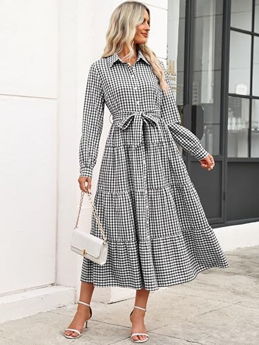 Caracilia Women Long Sleeve Maxi Dress 2026 Spring Casual Button Down Striped Plaid Tie Waist Shirt Dresses Vacation Outfits Black Plaid Small - Image 3