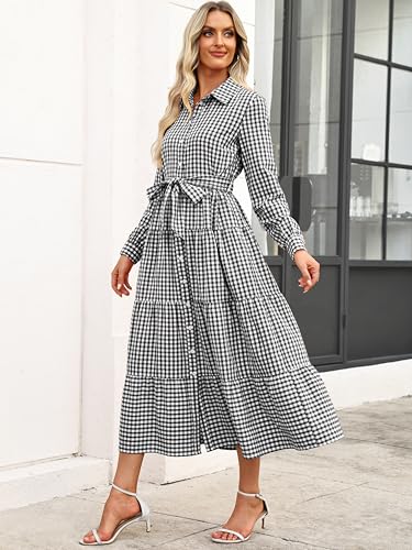 Caracilia Women Long Sleeve Maxi Dress 2026 Spring Casual Button Down Striped Plaid Tie Waist Shirt Dresses Vacation Outfits Black Plaid Small - Image 5
