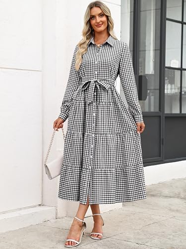 Caracilia Women Long Sleeve Maxi Dress 2026 Spring Casual Button Down Striped Plaid Tie Waist Shirt Dresses Vacation Outfits Black Plaid Small - Image 2