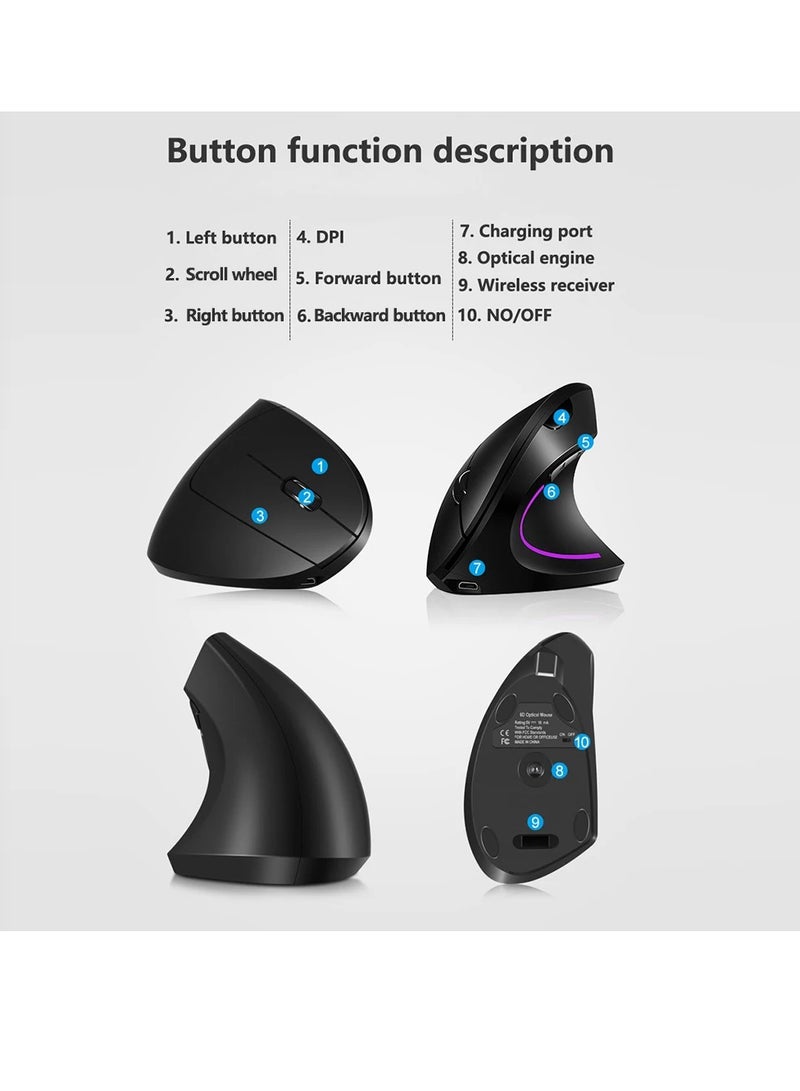 AROAQ Wireless Vertical Mouse, Rechargeable Upright Ergonomic Mouse, Dual Mode Vertical Mouse With 3 Adjustable Dpi Levels, RGB Flowing Light Plug N Play Mouse For Laptop, Desktop, Pc, (Black) - Image 4