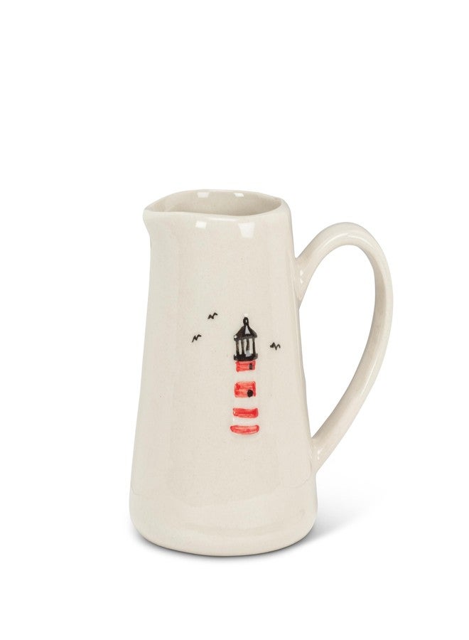 Abbott Collection Mini Jug with Lighthouse - Stoneware, Ivory/Red, 5oz (3 inches H) - Image 1