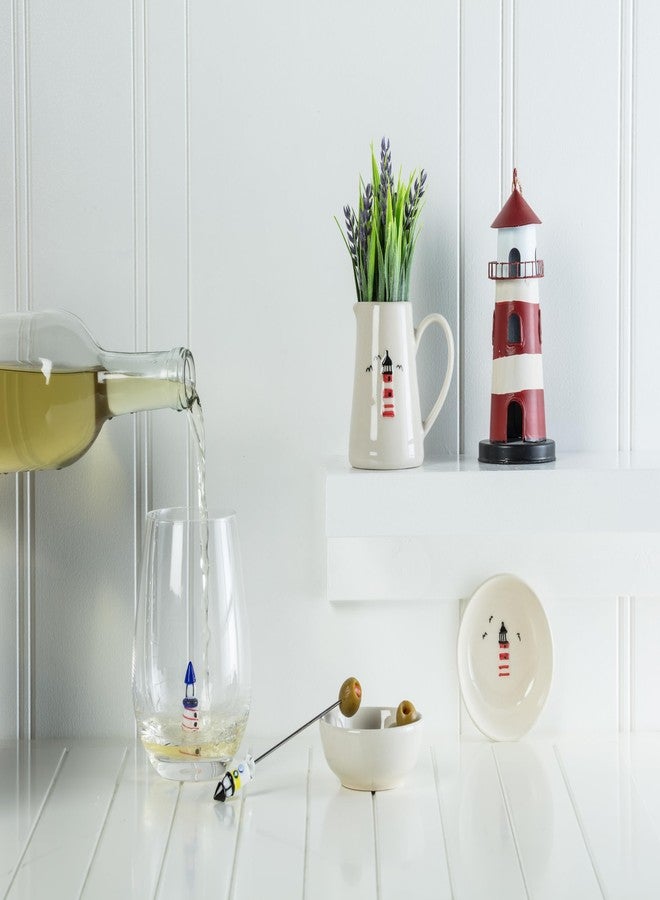 Abbott Collection Mini Jug with Lighthouse - Stoneware, Ivory/Red, 5oz (3 inches H) - Image 3