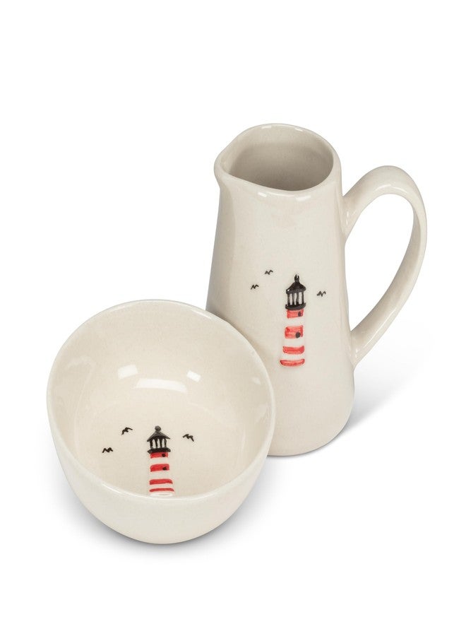 Abbott Collection Mini Jug with Lighthouse - Stoneware, Ivory/Red, 5oz (3 inches H) - Image 2