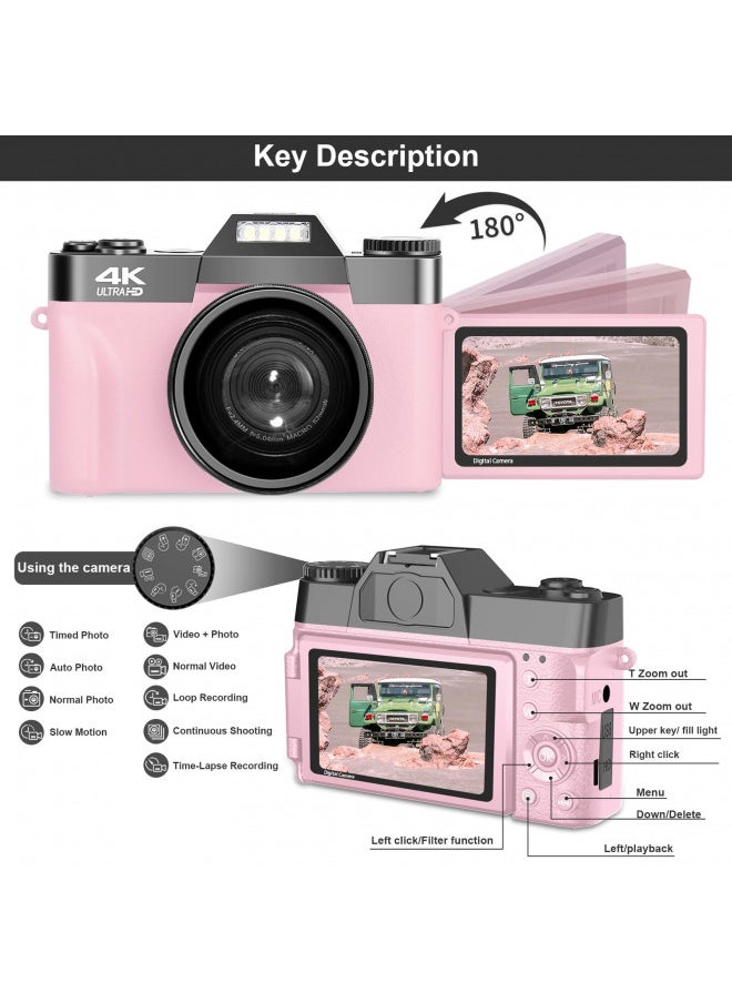 VETEK VETEK Digital Cameras for Photography, 4K 48MP Vlogging Camera 16X Digital Zoom Manual Focus Students Compact Camera with 52mm Wide-Angle Lens & Macro Lens, 32G Micro Card and 2 Batteries (Pink)  - Image 4