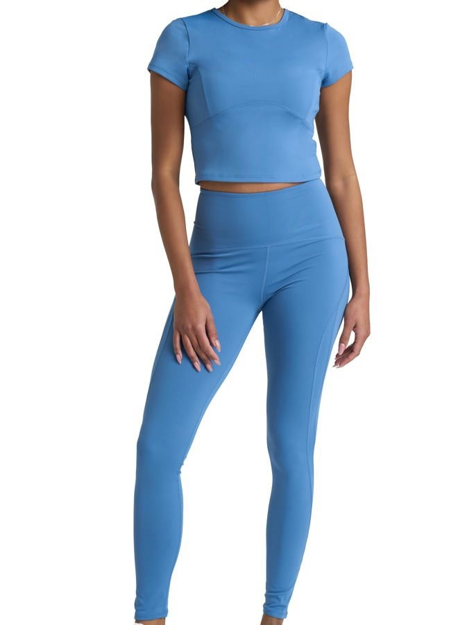 PopSugar Two Piece Workout Set for Women High Waist Leggings and Short Sleeve Athletic Tops Matching Pilates Gym Sets Yoga Outfits, Blue Mist, M - Image 1