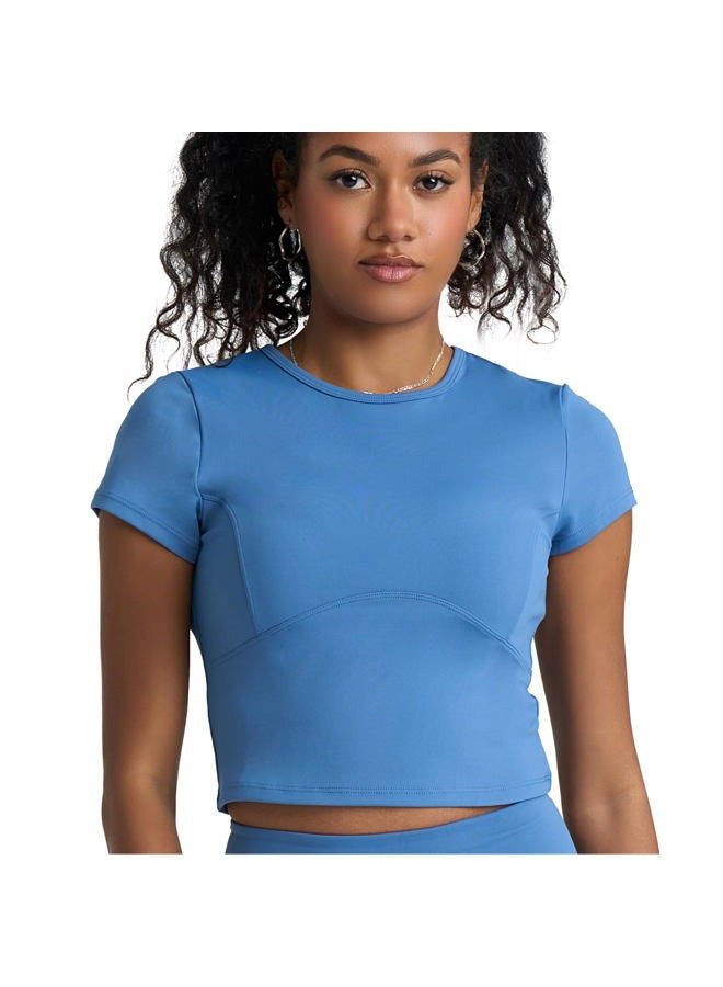 PopSugar Two Piece Workout Set for Women High Waist Leggings and Short Sleeve Athletic Tops Matching Pilates Gym Sets Yoga Outfits, Blue Mist, M - Image 3