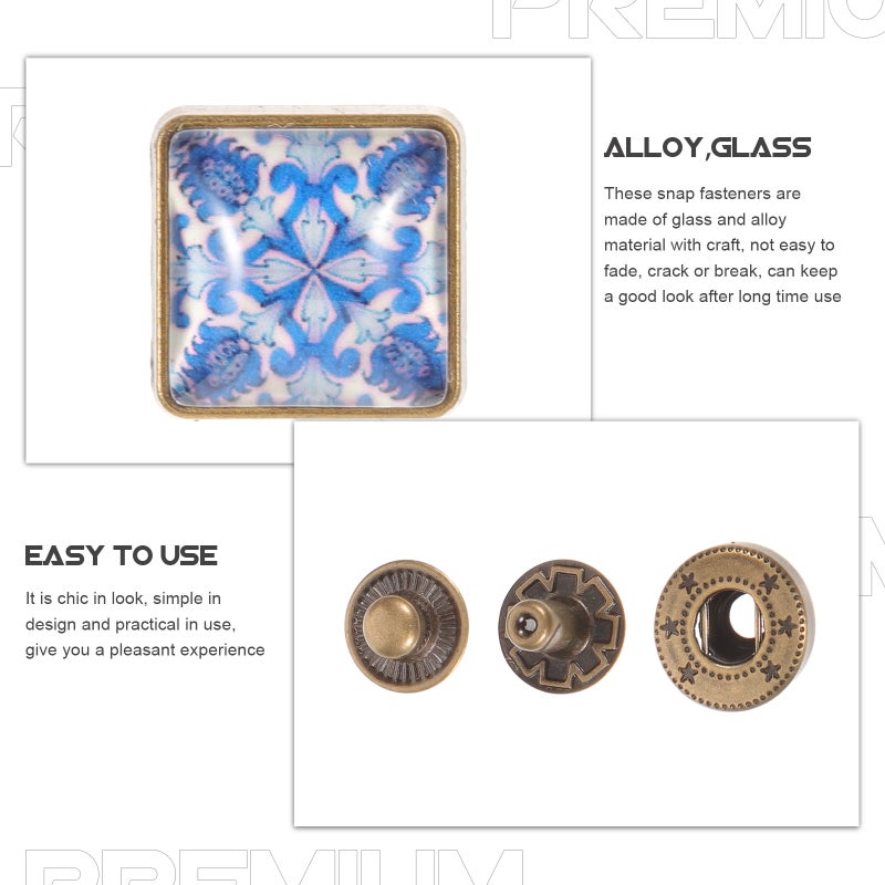 Metal Snap Buttons Kit Classic Retro Square Shape Alloy and Glass Snaps DIY Embellishment Special Occasions 1.7x1.7cm 6Pcs - Image 3
