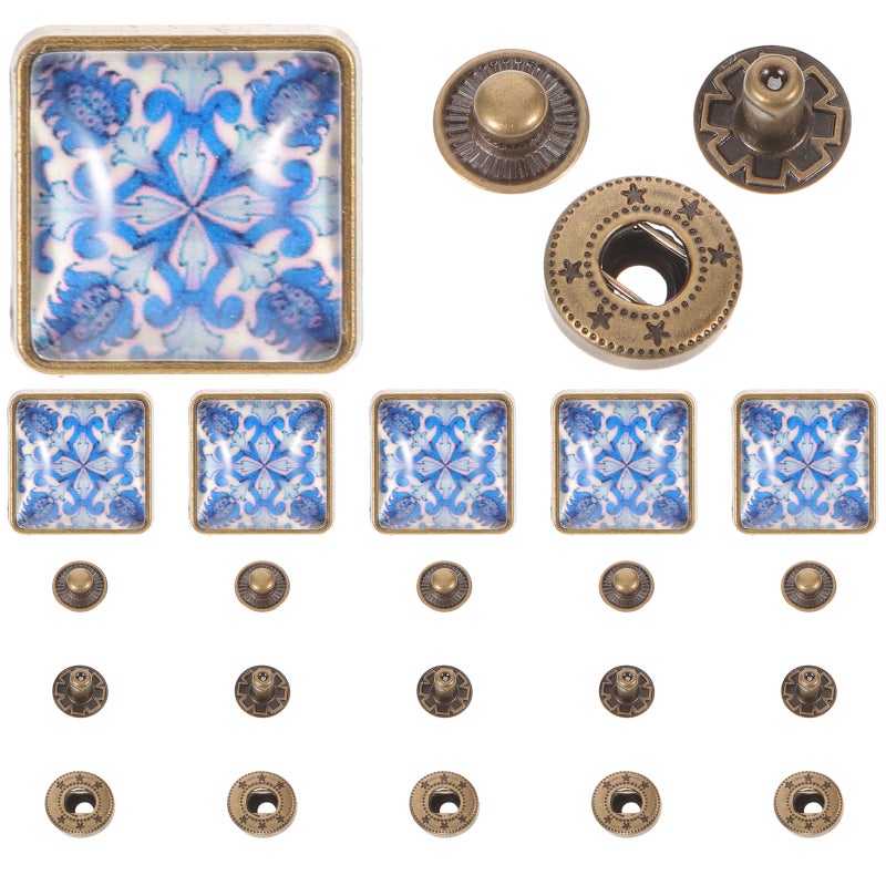Metal Snap Buttons Kit Classic Retro Square Shape Alloy and Glass Snaps DIY Embellishment Special Occasions 1.7x1.7cm 6Pcs - Image 1
