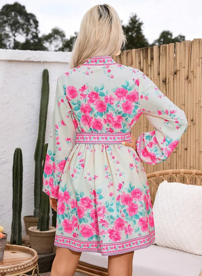Take Two Women's Floral Printed Belted Detail Lantern Sleeve Mini Dress