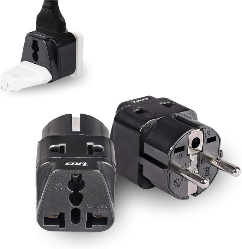 OREI USA to Europe (Schuko) Travel Adapter Plug - 2 in 1 Type E/F Plug Adapter Perfect for Laptop, Camera Charger & More - CE Certified - RoHS Compliant - 2 Pack - Black Color - Image 1