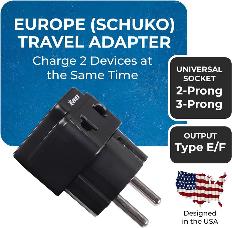 OREI USA to Europe (Schuko) Travel Adapter Plug - 2 in 1 Type E/F Plug Adapter Perfect for Laptop, Camera Charger & More - CE Certified - RoHS Compliant - 2 Pack - Black Color - Image 2