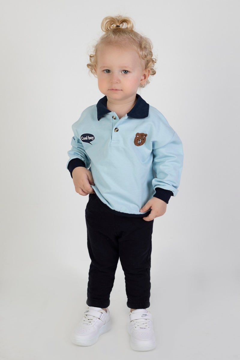 Harika Kids Baby Boy Child Two Yarn Fabric Medium Thickness Polo Collar Knitted Basic Bottom Top Tracksuit Set  - Image 2