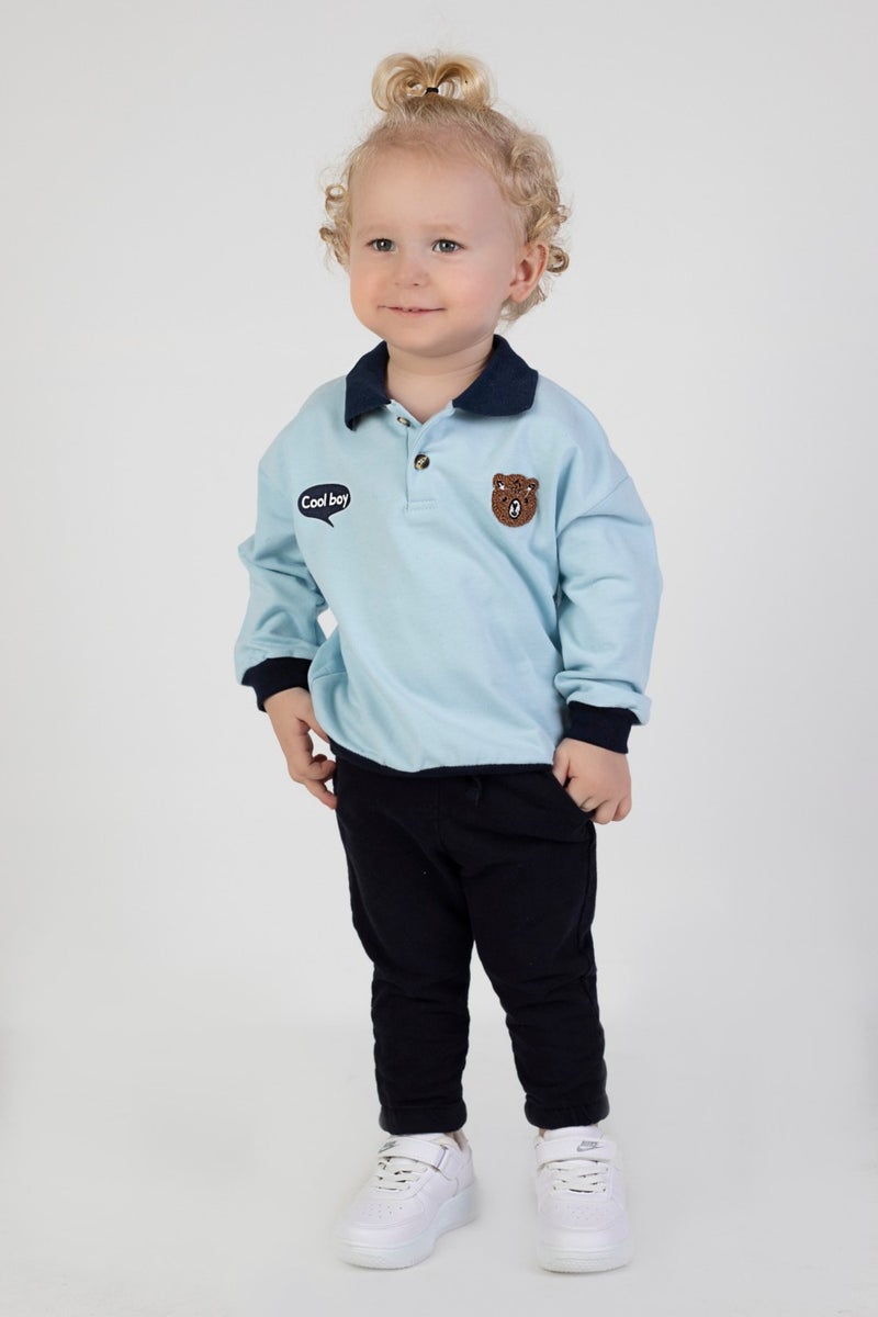 Harika Kids Baby Boy Child Two Yarn Fabric Medium Thickness Polo Collar Knitted Basic Bottom Top Tracksuit Set  - Image 3