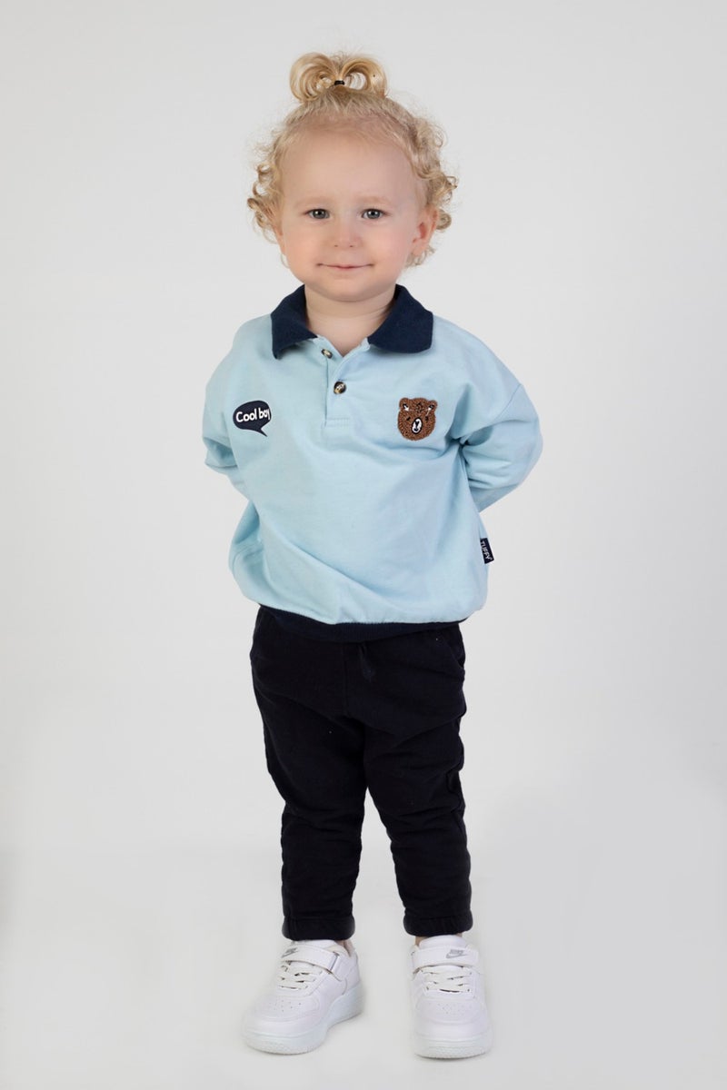 Harika Kids Baby Boy Child Two Yarn Fabric Medium Thickness Polo Collar Knitted Basic Bottom Top Tracksuit Set  - Image 1