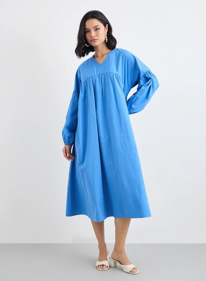 ستايلي Styli Blue Cotton Poplin Midi Dress with Volume Sleeves