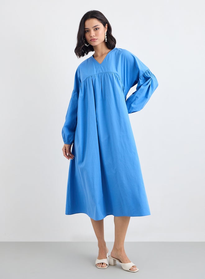 Styli Blue Cotton Poplin Midi Dress with Volume Sleeves - Image 2