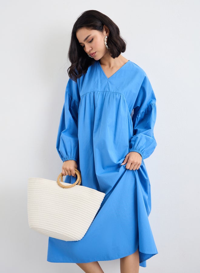 Styli Blue Cotton Poplin Midi Dress with Volume Sleeves - Image 5