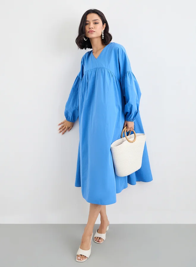 ستايلي Styli Blue Cotton Poplin Midi Dress with Volume Sleeves