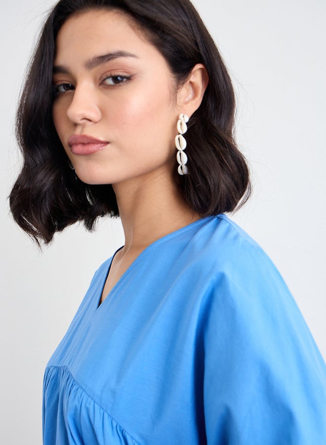 Styli Blue Cotton Poplin Midi Dress with Volume Sleeves - Image 3