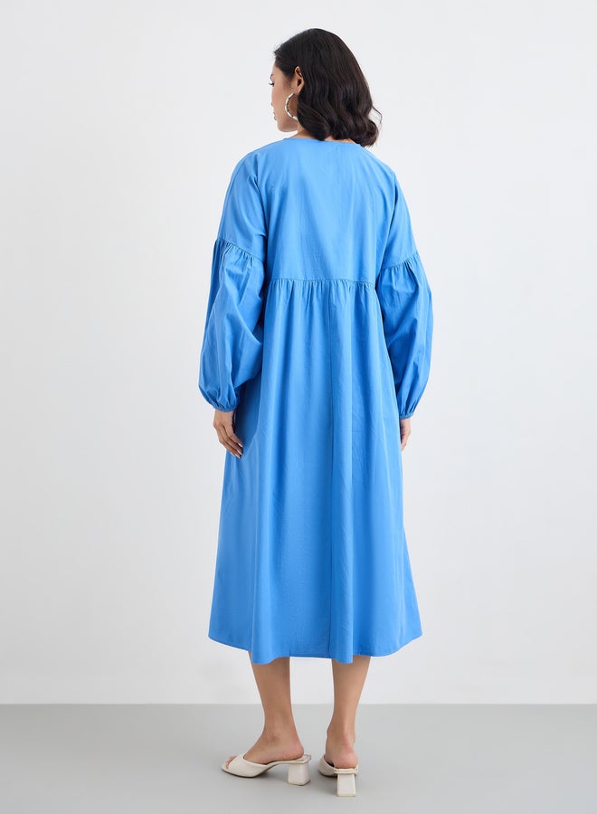 Styli Blue Cotton Poplin Midi Dress with Volume Sleeves - Image 4