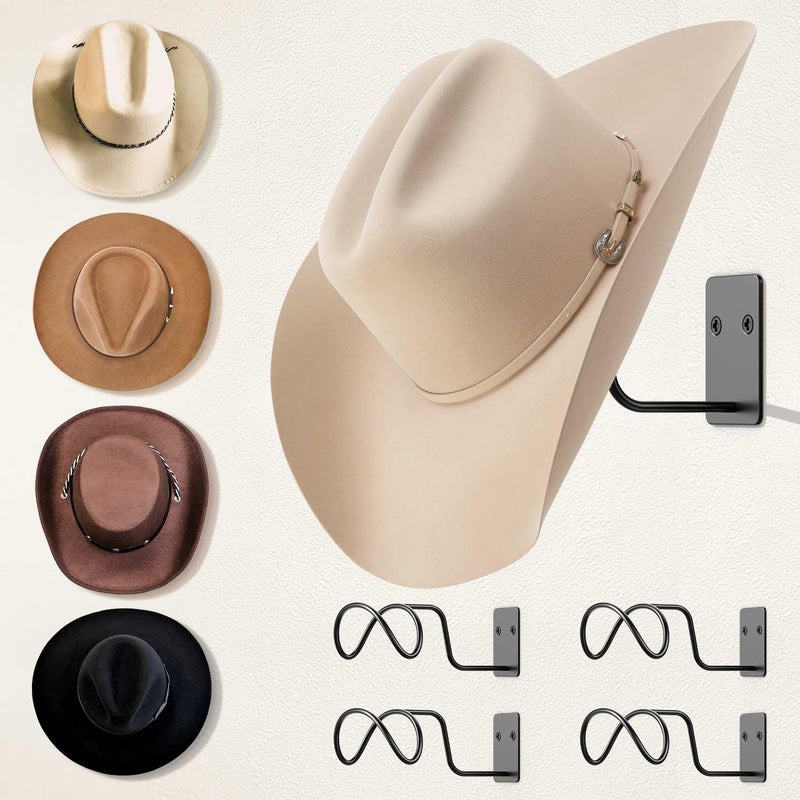 Livelab Cowboy Hat Holder, (4 Pack) Cowboy Hat Rack for Wall Mount, Metal Hat Organizer Storage Cowboy Hats Hanger Hooks for Fedora, Sun Hats, Wide Brim - Image 1