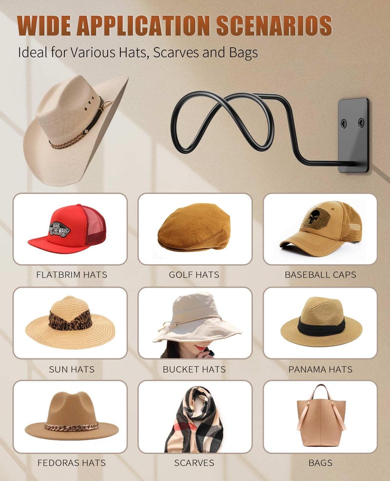 Livelab Cowboy Hat Holder, (4 Pack) Cowboy Hat Rack for Wall Mount, Metal Hat Organizer Storage Cowboy Hats Hanger Hooks for Fedora, Sun Hats, Wide Brim - Image 5