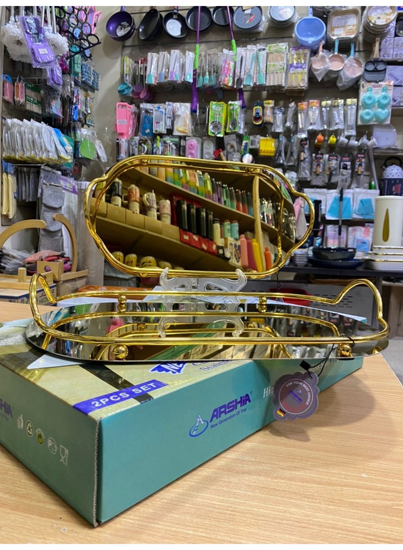 طقم صوانى تقديم مرايا بيضاوي باللون الذهبي غير قابل للصدأ شيك جدا في التقديم لمعان مرايا الطقم يناسب كافه أحتياجاتك طقم صواني تقديم استيل مرايه علي المغناطيس - Image 1