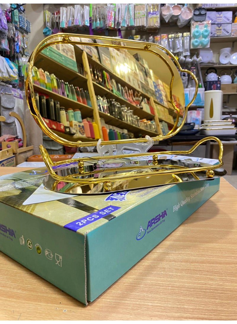 طقم صوانى تقديم مرايا بيضاوي باللون الذهبي غير قابل للصدأ شيك جدا في التقديم لمعان مرايا الطقم يناسب كافه أحتياجاتك طقم صواني تقديم استيل مرايه علي المغناطيس - Image 3