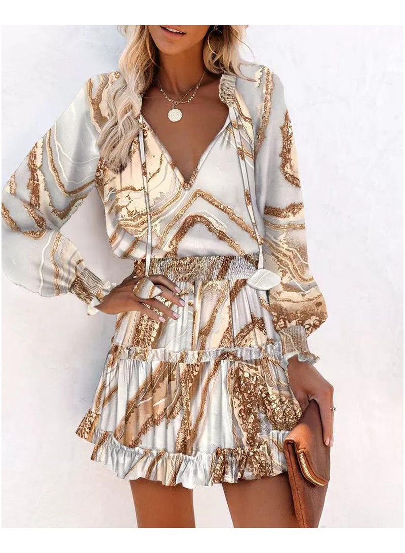 general Printed V-neck Fitted Halter-top Long-Sleeved Dress - Image 1