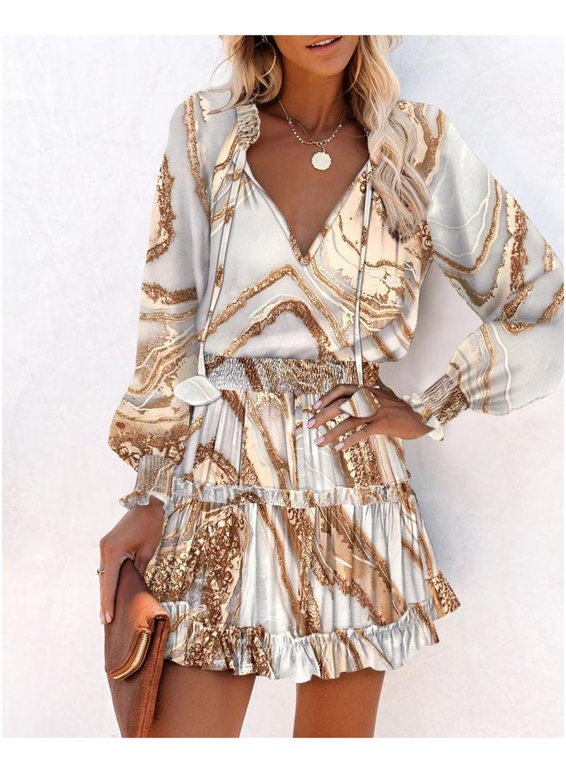 general Printed V-neck Fitted Halter-top Long-Sleeved Dress - Image 2