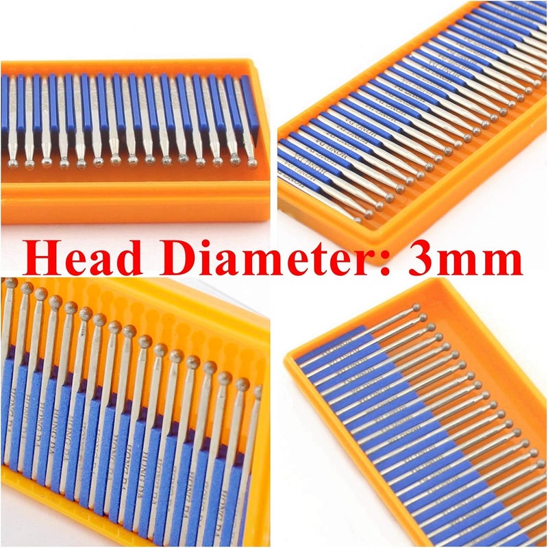 Jingling Diamond Grinding Bits 3mm Spherical Head Burrs w Shank 2.35mm Pack of 30Pcs - Image 2